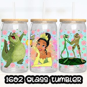 Anime tecknad prinsessa Tiana, prinsessan och grodan kopp PNG-fil DIGITAL NEDLADDNING 16oz glastumblerdesign, 16oz Libby koppomslag