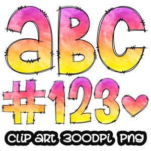 Doodle Letters Rainbow Ombre Clipart, Letters Clip art, Pink Yellow Digital Clipart, Numbers clip art, Bundle Alphabet, Font PNG