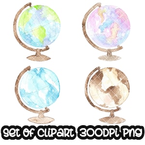 Conjunto de imágenes prediseñadas de globo terráqueo, acuarela, tierra, imágenes prediseñadas digitales de viaje, mapa de viaje, profesor, escuela, educación, imágenes prediseñadas digitales, descarga instantánea PNG