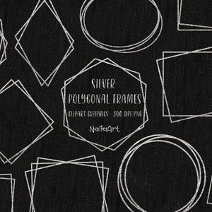 Silver Polygonal Frames Clipart, Silver Glitter Geometric Frame, Silver Digital Clipart, Silver Frames, PNG INSTANT DOWNLOAD
