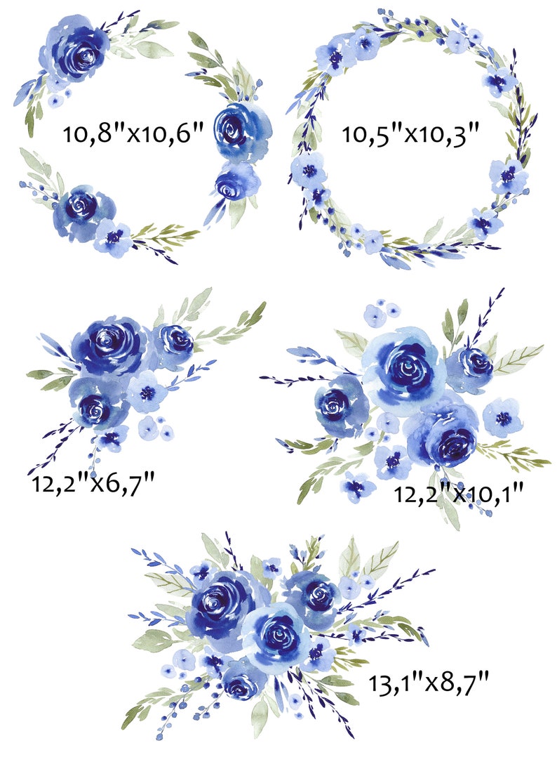 Watercolor rose blue, flowers, floral, wreath, bouquet, digital clipart, cards, wedding, frames Free Commercial Use PNG image 3