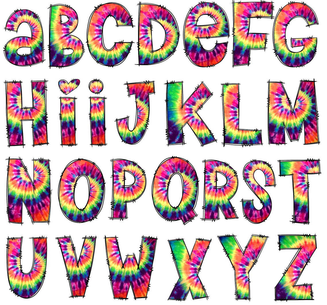 Doodle Letters Tie Dye Clipart, Blue, Green, Orange Letters Clip Art ...