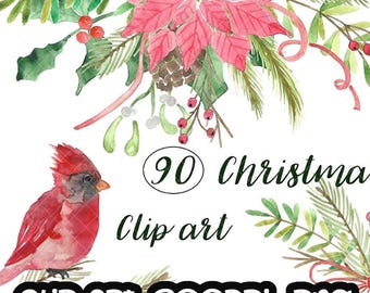 May include: Watercolor Christmas clip art featuring a red cardinal, poinsettias, pine cones, and greenery. The image includes the text "90 Christmas Clip art 300DPI PNG". The design is in shades of red, green, and brown.