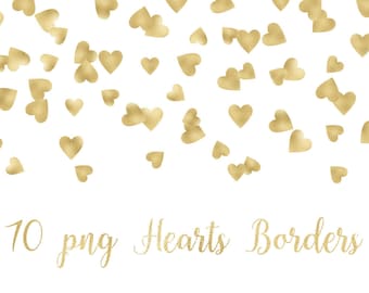Gouden hartenrand, confetti randen, frmes, clipart goud, glitter illustraties, sprankelende folie gouden hart uitnodiging bruiloft, png