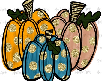 Fall Pumpkin Halloween Sublimation PNG Gold Glitter I Hand Drawn Design Happy Halloween I Fall Design