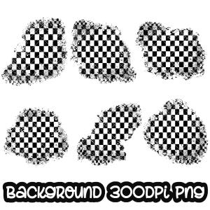 Op de afbeelding: Zes abstracte vormen met een zwart-wit geblokt patroon en een distressed effect. De vormen hebben een grunge-effect rond de randen. De tekst "BACKGROUND 300DPI PNG" staat onderaan in zwart en wit.