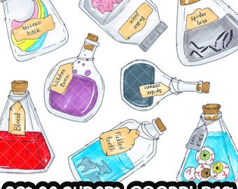Halloween Potions Clipart Digital Clip art Creepy Potion Witches Spider Magic Spooky Download PNG