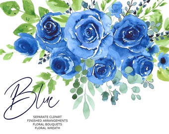 Watercolor rose blue, flowers, floral, wreath, bouquet, digital clipart, cards, wedding, frames Free Commercial Use PNG