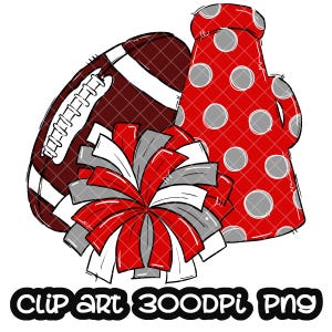 Football Cheer Poms Megaphone Red Grey Silver Dots Digital Download cheerleader cheerleading Sublimation Sport design School Team PNG