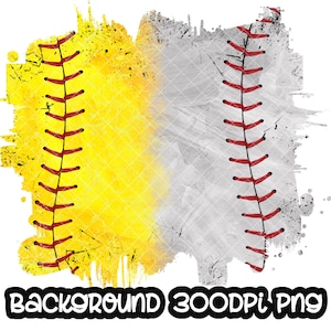 May include: A digitally created image of a softball with a yellow and gray background. The softball has red stitching and the text "BACKGROUND 300DPI PNG" in black.