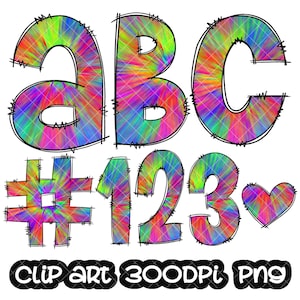 Doodle Letters Tie Dye Clipart, Blue, Green, Orange Letters Clip art, Digital Clipart, Numbers clip art, Bundle Alphabet, Font PNG