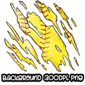 May include: A yellow and red softball with a ripped, distressed, and torn texture. The background is white.