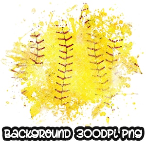 May include: A yellow and red softball with white stitching, painted in a watercolor style with a splattered background.