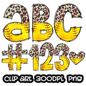 Softball Doodle Letters Leopard Clipart, Letters Clip art, Sports Digital Clipart, Numbers clip art, Bundle Alphabet, PNG