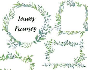 Leaves Frames Watercolour, Digital Clipart, wedding, invitation diy, frame, wreath, ornamental Free Commercial Use PNG