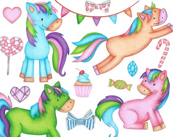 Pony Handpainted horse, ponies, rainbow, little horses, clip art  INSTANT DOWNLOAD