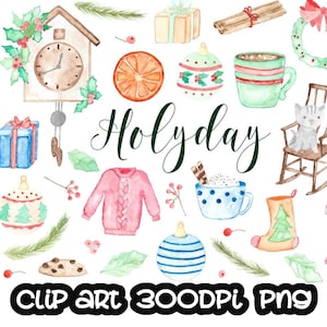 Clipart Noël, aquarelle peinte à la main, clipart numérique, vacances, renard, renne, cadeaux de Noël, houx, arbre PNG