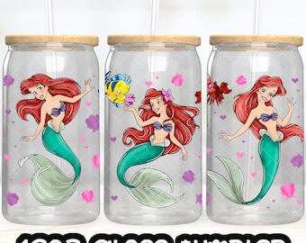 Archivo PNG de la taza de la Princesa Ariel DESCARGA DIGITAL Diseño de vaso de vidrio de 16 oz, envoltura de taza Libby de 16 oz