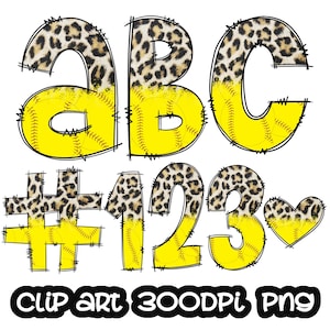 May include: Clip art set of letters A, B, C, numbers 1, 2, 3, and a heart, all in a yellow and leopard print design. The letters and numbers are outlined in black and have a stitched look. The text "Clip art 300dpi PNG" is at the bottom of the image.