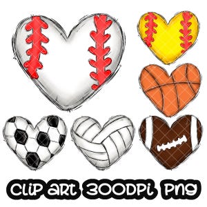 6 Heart Baseball Softball Basketball Soccer Volleyball Football | Heart PNG | Sport Heart | Sublimation PNG