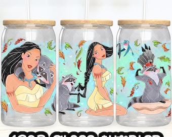 Anime Cartoon Princess Pocahontas Cup PNG File DIGITAL DOWNLOAD 16oz Glass Tumbler Design, 16oz Libby Cup Wrap