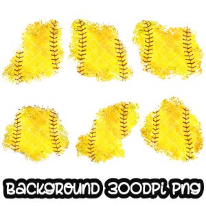 May include: Six yellow and brown softball graphics with a distressed, watercolor-like effect. The graphics are isolated on a white background.  The text "BACKGROUND 300DPI PNG" is at the bottom of the image.