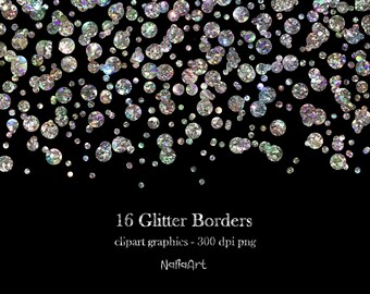 May include: A digital download of 16 iridescent glitter borders. The borders are made of silver glitter and are perfect for adding a touch of sparkle to your designs. The image shows a black background with silver glitter falling from the top of the image.