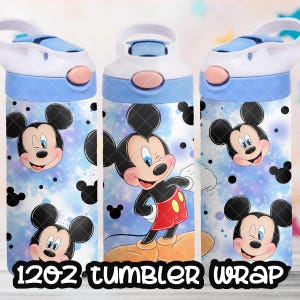 May include: A blue and white 12oz tumbler wrap with a Mickey Mouse design. The wrap features a watercolor background with Mickey Mouse's head and a full-body image of Mickey Mouse.