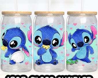 Anime Cartoon Stitch Cup PNG File DIGITAL DOWNLOAD 16oz Glass Tumbler Design, 16oz Libby Cup Wrap