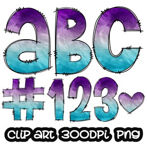 Doodle Letters Rainbow Ombre Clipart, Letters Clip art, Blue Purple Digital Clipart, Numbers clip art, Bundle Alphabet, Font PNG