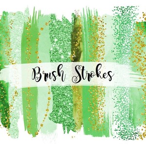 Green Brush Strokes Clipart, Gold Glitter Clipart, Gold Confetti, Gold splotches, Gold Splashes, Watercolor Strokes