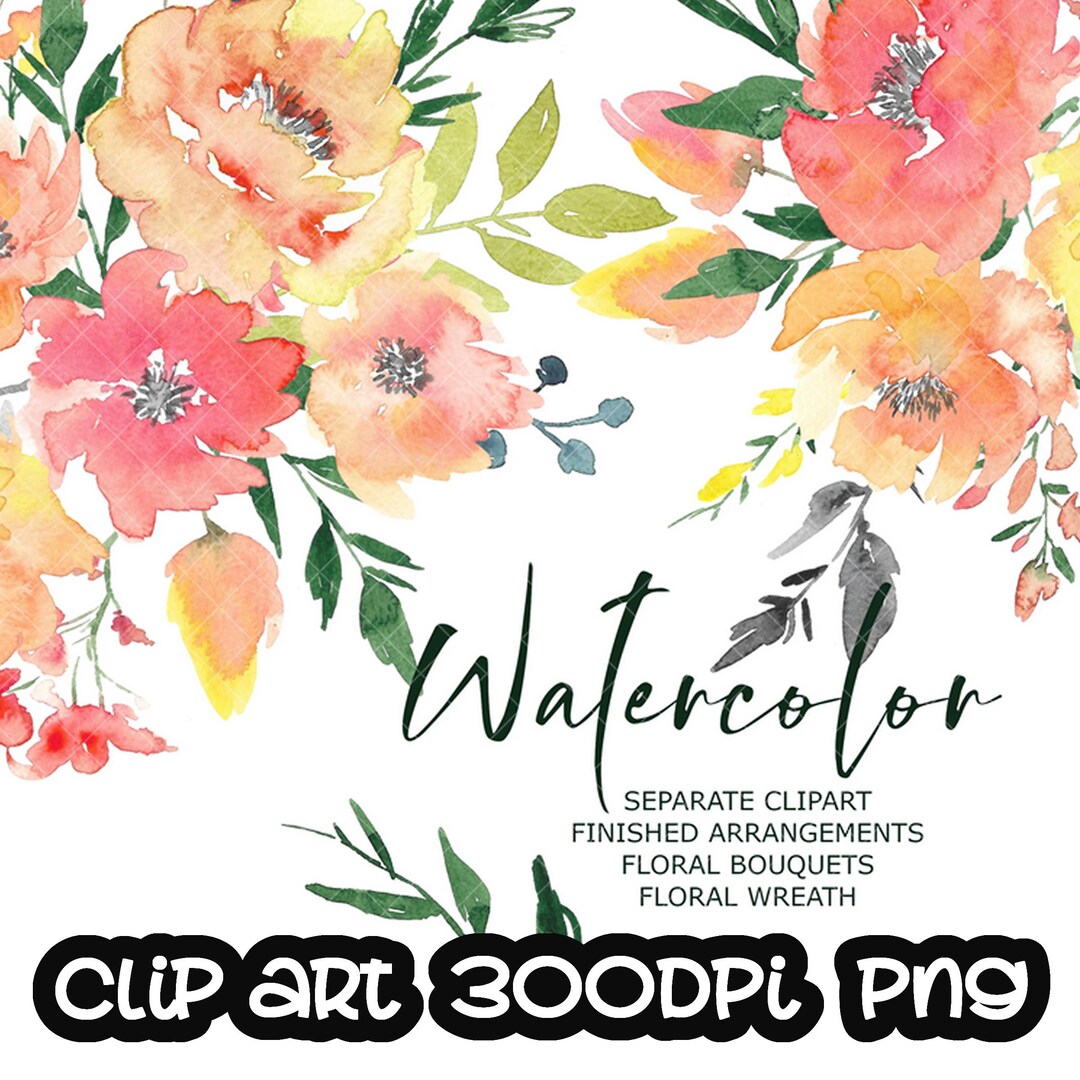 Watercolor Aquarell Flowers Pink Read Orange Floral Wreath Bouquet ...