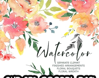 Watercolor Aquarell Flowers Pink Read Orange Floral Wreath Bouquet Digital Clipart Wedding Frames Free Commercial Use PNG