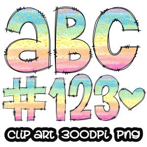 Doodle Letters Rainbow Ombre Clipart, Glitter Confetti Letters Clip art, Digital Clipart, Numbers clip art, Bundle Alphabet, Font PNG