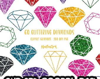 May include: 60 Glitter Diamond Clipart Graphics - 300 DPI PNG.  A set of 12 colorful diamond clipart graphics with glitter texture.  Each diamond is outlined in white and has a different color glitter texture.  The colors include red, purple, pink, yellow, green, blue, and black.