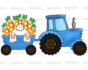 Tractor Blue Bunny Easter Sublimation Carrot PNG Hand Drawn Design