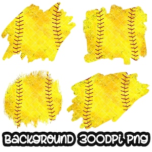 May include: Four digital scrapbook paper designs featuring a yellow softball with red stitching. The designs are in a distressed watercolor style.