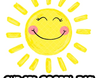 Op de afbeelding: Een gele zon met een glimlachend gezicht en roze wangen. De zon heeft een eenvoudige, handgetekende stijl met gele stralen.