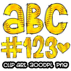Softball Doodle Letters Clipart, Letters Clip art, Sports Digital Clipart, Numbers clip art, Bundle Alphabet, PNG