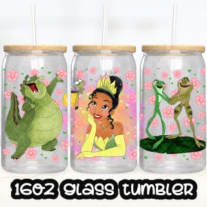 Anime tecknad prinsessa Tiana, prinsessan och grodan kopp PNG-fil DIGITAL NEDLADDNING 16oz glastumblerdesign, 16oz Libby koppomslag