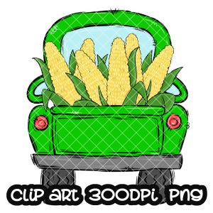 May include: A green truck bed filled with ripe corn on the cob. The corn is yellow with green husks and leaves. The truck has a light blue window and black tires. The text "Clip art 300DPI PNG" is at the bottom.