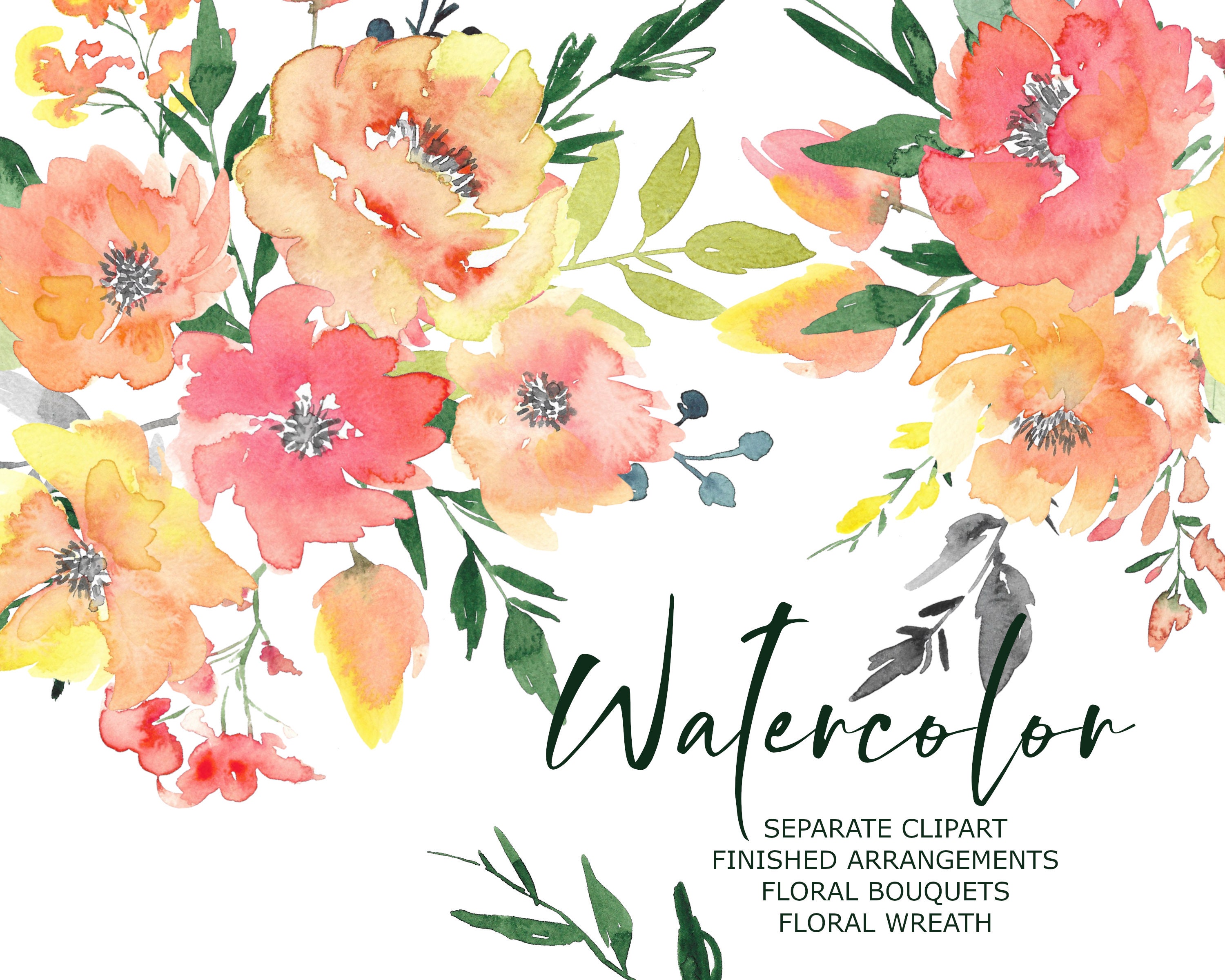 Watercolor Aquarell Flowers Pink Read Orange Floral Wreath | Etsy