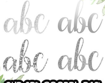 May include: Four different styles of the letters "abc" in a silver glitter font. The letters are on a white background.
