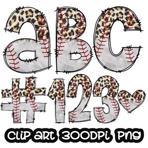 May include: Clip art set of letters A, B, C, numbers 1, 2, 3, and a heart, all in a baseball theme with a leopard print design. The letters and numbers are white with red stitching and a leopard print background. The heart is white with red stitching and a leopard print background.