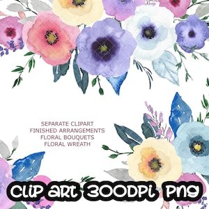 Wateracolor Flowers Floral Digital Clipart Aquarelle Bright Spring Summer Wreaths Bouquets Pink Blue Free Commercial Use