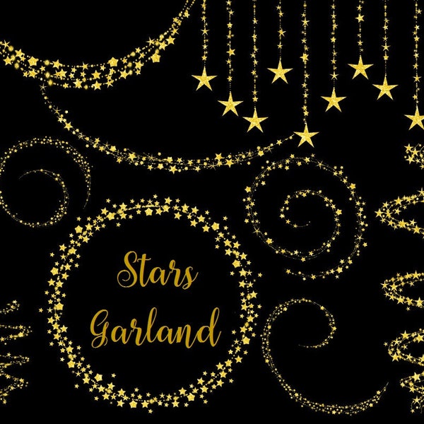 Gold Glitter Garland, Star Digital Clipart, invitation, Gold Frames, Stars INSTANT DOWNLOAD