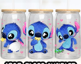 Anime Cartoon Stitch Cup PNG File DIGITAL DOWNLOAD 16oz Glass Tumbler Design, 16oz Libby Cup Wrap