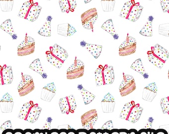 May include: A seamless pattern featuring a variety of birthday party elements, including cupcakes, presents, party hats, and cake slices. The pattern is set against a white background and features a variety of colors, including pink, blue, green, and yellow.