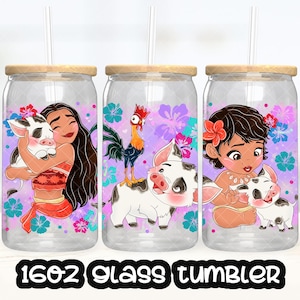 Anime Cartoon Princess Moana Heihei Cup File PNG DOWNLOAD DIGITALE Design del bicchiere in vetro da 16 once, involucro per tazza Libby da 16 once