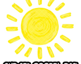 May include: A simple yellow sun with rays, drawn in a childlike style. The sun is a bright yellow color and the rays are a slightly lighter yellow.
